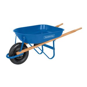 Carrinho De Mão Tramontina Caçamba Redonda Metalica Azul 50 L, Braço De Madeira E Pneu Com Camara