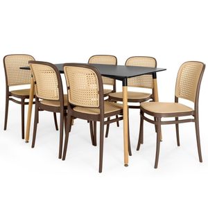 Conjunto Mesa De Jantar Retangular Eiffel Preta 120x80cm Com 6 Cadeiras Roma - Marrom