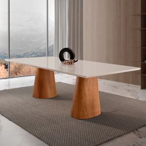 Mesa Para Sala De Jantar Noronha 220cm Madeira Com Vidro Mod Cinamomo Imbuia-off White