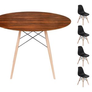 Conjunto Mesa Eames Eiffel Dsw Redonda Pau Ferro 90cm + 4 Cadeiras Eames Dsw - Preta