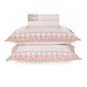 Jogo De Cama Queen 200 Fios Karsten Bordado Antônia Branco Rosa