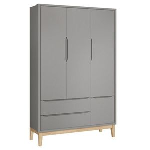 Guarda Roupa Infantil Classic 3 Portas Cinza Fosco Com Pés Madeira Natural - Reller Móveis Cinza Fosco
