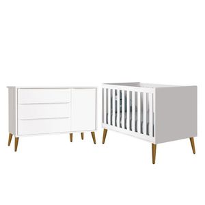 Jogo De Quarto Infantil Theo Retrô Cômoda 1 Porta E Berço Branco Fosco Com Pés Amadeirado - Reller Móveis Branco Fosco