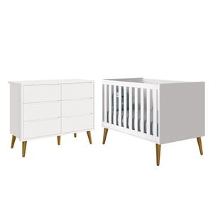 Jogo De Quarto Infantil Theo Cômoda 6 Gavetas E Berço Branco Fosco Com Pés Amadeirado - Reller Móveis Branco Fosco