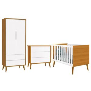 Dormitório Infantil Theo Retrô 2 Portas, Cômoda E Berço Branco/savana Com Pés Amadeirado - Reller Móveis Branco/savana