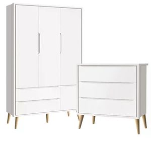 Guarda Roupa 3 Portas E Cômoda 3 Gav Theo Branco Fosco Pés Madeira Natural - Reller Móveis Branco Fosco