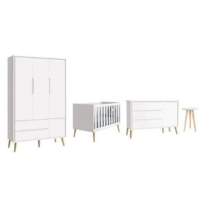 Dormitório Theo 3 Portas E Mesa De Canto Branco Com Pés Madeira Natural - Reller Móveis Branco