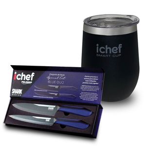 Facas Ichef Special Cut Azul E Copo Térmico Com Tampa Ichef Smart Cup 350ml | Copo Preto