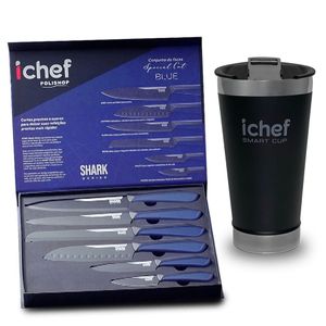 Conjunto De Facas Special Cut Blue Duo E Copo Térmico Com Tampa Smart Cup 600ml Ichef | Copo Preto