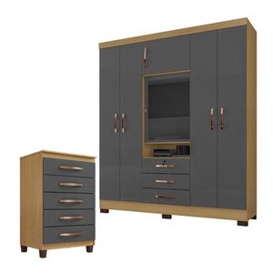 Guarda Roupa Casal Imperial Com Cômoda Cannes 5 Gavetas Carvalho Americano Grafite - Incorplac