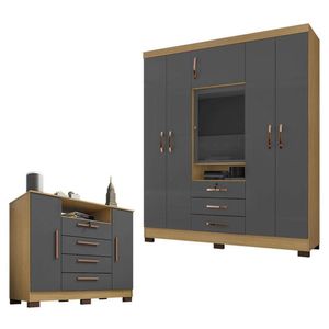 Guarda Roupa Casal Imperial Com Cômoda Madri Carvalho Americano Grafite - Incorplac