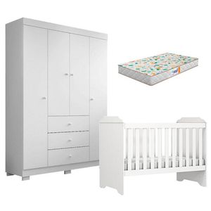 Berço Americano Mini Cama Mel E Guarda Roupa Duda 4 Portas Branco Brilho Com Colchão Gazin