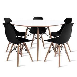 Conjunto De Mesa De Jantar Eames Eiffel Redonda 110cm Tampo De Madeira Branco Com 5 Cadeiras Pretas