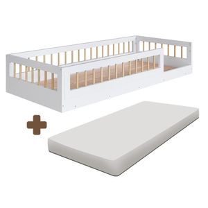 Cama Montessoriana Solteiro Grade Proteção Colchão Branco