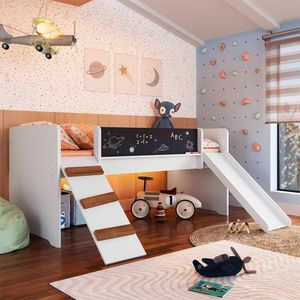 Cama Infantil Elevada Com Escorregador E Lousa Branco Alice Shop Jm