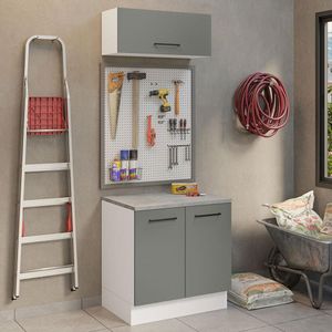 Kit Com Balcão E Armário Aéreo Multiuso 80cm Branco/cinza Agata Madesa Branco/cinza