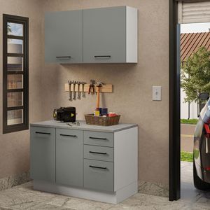 Kit Com Balcão E Armário Aéreo Multiuso 120cm Branco/cinza Agata Madesa Branco/cinza