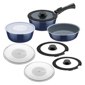 Jogo De Panelas Tramontina Itria Aluminio Com Revestimento Ceramico E Cabo Removivel Azul 10 Peças