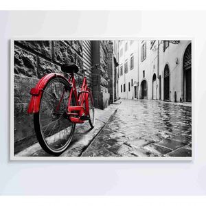 Quadro Urbano Bicicleta Vermelha Em Rua De Pedra Medidas 90x60 Cm Impressão Tecido Canvas