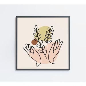 Quadro Feminino Silhueta Mãos Ramos Artística Contínua Medidas 40x40 Cm Impressão Adesivo Fotográfico