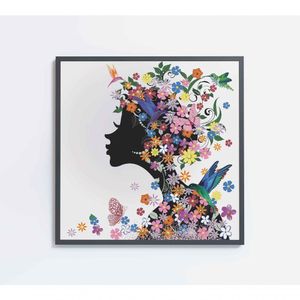 Quadro Desenho Mulher Com Flores Medidas 80x80 Cm Impressão Tecido Canvas