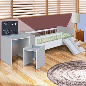 Cama Solteiro Com Colchão E Mesinha Infantil Branco Azul Cassian Shop Jm