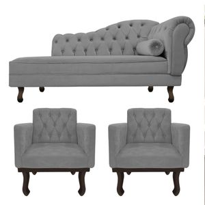 Kit Diva Recamier Diana 120cm Lado Esquerdo E 2 Poltronas Classic Suede Amarena Móveis Cinza