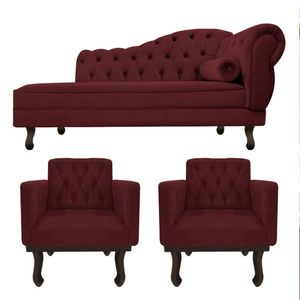 Kit Diva Recamier Diana 120cm Lado Esquerdo E 2 Poltronas Classic Suede Amarena Móveis Bordô