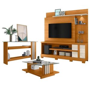 Estante Home Theater Alan Com Pés E Aparador Com Mesa De Centro Frizz Cinamomo Off White