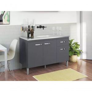 Balcão De Cozinha 120cm Com Tampo Gabriela 3 Portas 1 Gaveta Cinza - Ajl