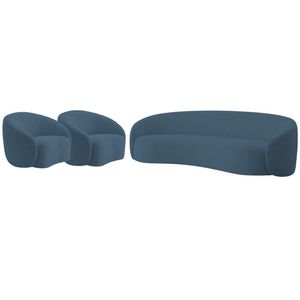 Kit Sofá 3 Lugares 180cm E 2 Poltronas Orgânica Luxo Recepção Amore Linho Amarena Móveis Azul Royal