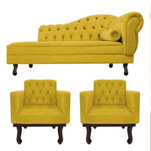 Kit Diva Recamier Diana 120cm Lado Esquerdo E 2 Poltronas Classic Suede Amarelo