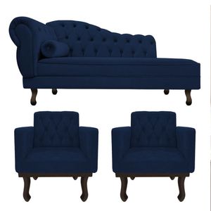 Kit Diva Recamier Diana 120cm Lado Direito E 2 Poltronas Classic Suede - Amarena Móveis Azul Marinho