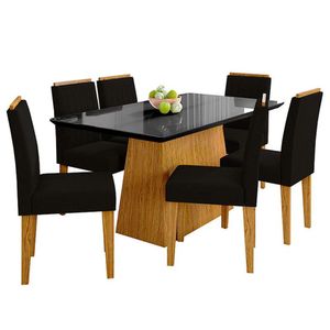 Mesa De Jantar 160cm Ambiente Bárbara Com Vidro E 6 Cadeiras Ana Ype Veludo Preto - New Ceval