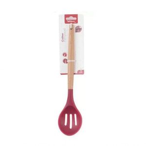Colher Vazada De Silicone Vermelho Cabo Madeira 32 Cm - Well