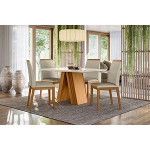 Mesa De Jantar 135x90cm Com Vidro Ype Off White E 4 Cadeiras Ambiente Fernanda Ype Veludo Nude - New Ceval