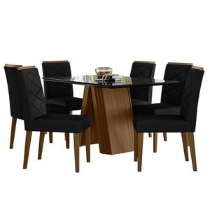 Mesa De Jantar 135x90cm Fernanda Com Vidro E 6 Cadeiras Caroline Imbuia Veludo Preto - New Ceval