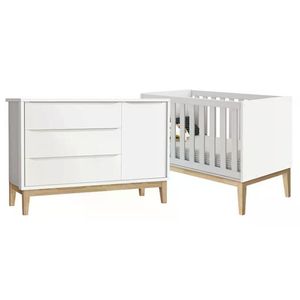 Jogo De Quarto Classic Berço Branco Fosco Com Pés Madeira Natural - Reller Móveis Branco Fosco