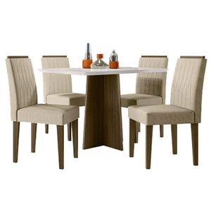 Mesa De Jantar Ambiente Anitta 120x80 Cm Com Vidro Imbuia Off White E 4 Cadeiras Palha