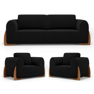 Kit 02 Poltronas E 01 Sofá Bloom 200cm 03 Lugares Com Pés De Madeira Bouclê Preto - Desk Design