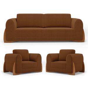 Kit 02 Poltronas E 01 Sofá Bloom 200cm 03 Lugares Com Pés De Madeira Bouclê Terracota - Desk Design