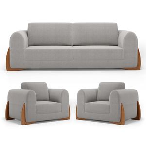Kit 02 Poltronas E 01 Sofá Bloom 200cm 03 Lugares Com Pés De Madeira Bouclê Cinza - Desk Design