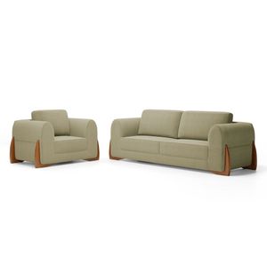 Kit Poltrona E Sofá Bloom 220cm 03 Lugares Com Pés De Madeira Bouclê Bege - Desk Design