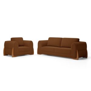 Kit Poltrona E Sofá Bloom 180cm 02 Lugares Com Pés De Madeira Bouclê Terracota - Desk Design