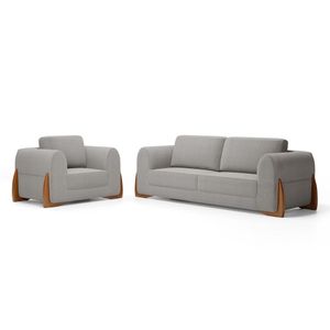 Kit Poltrona E Sofá Bloom 160cm 02 Lugares Com Pés De Madeira Bouclê Cinza - Desk Design