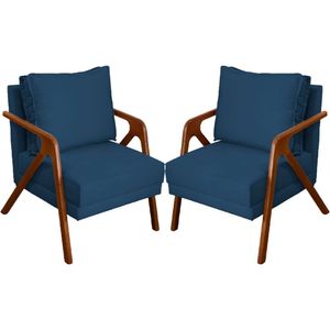 Kit 2 Poltronas Decorativa Shine Pé Castanho - Azul-marinho Suede