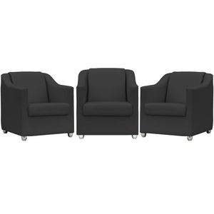 Kit 3 Poltronas Mila Corino Cores Pé De Plástico Cromado - Preto Corino