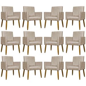 Kit 12 Poltronas Decorativas Mari Pé Palito Castanho - Bege Suede