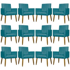 Kit 12 Poltronas Decorativas Mari Pé Palito Castanho - Azul-turquesa Suede