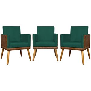 Kit 3 Poltronas Decorativas Lis Corino e Pé Palito - Verde Suede Corino
